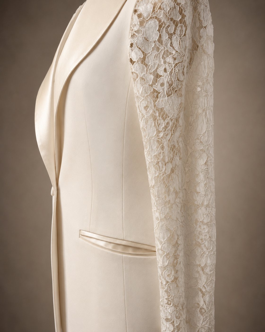 Satin lapel and lace sleeve of an ivory bridal jacket
