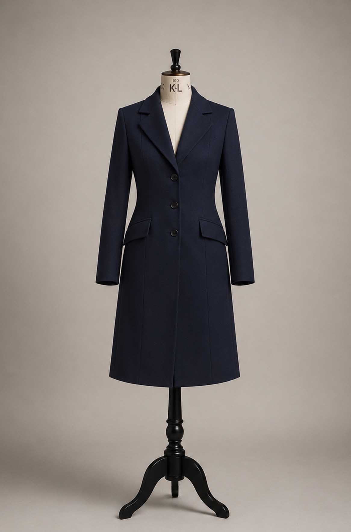 Navy tailored coat on a mannequin