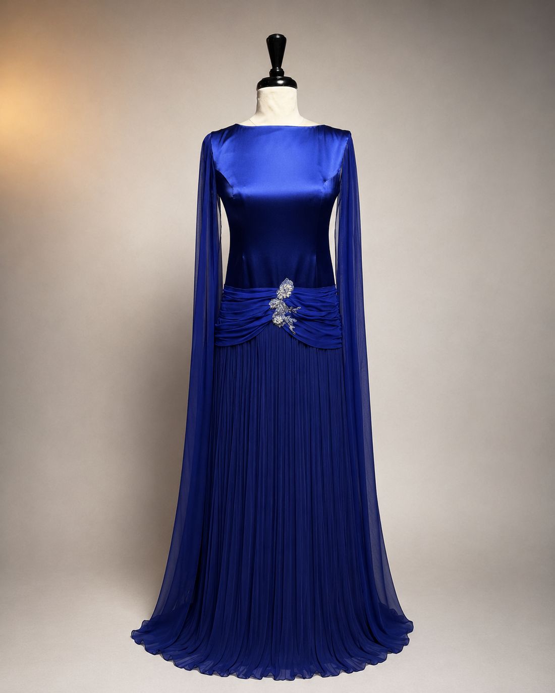 Royal blue satin evening dress with chiffon sleeves