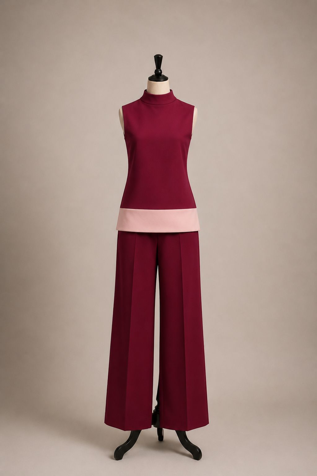 Burgundy two-piece with wide-leg trousers