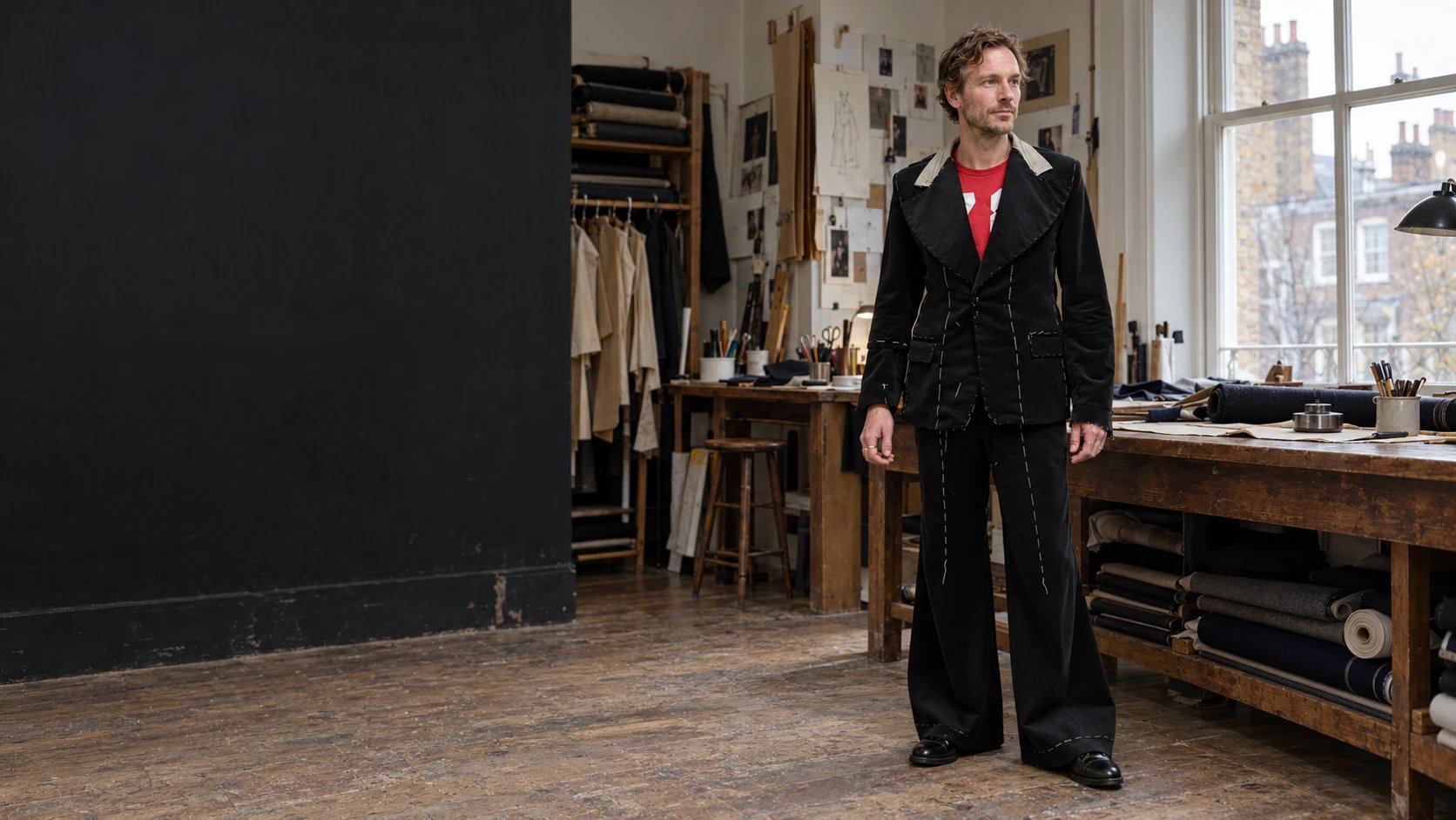 A midnight velvet dinner jacket backstage