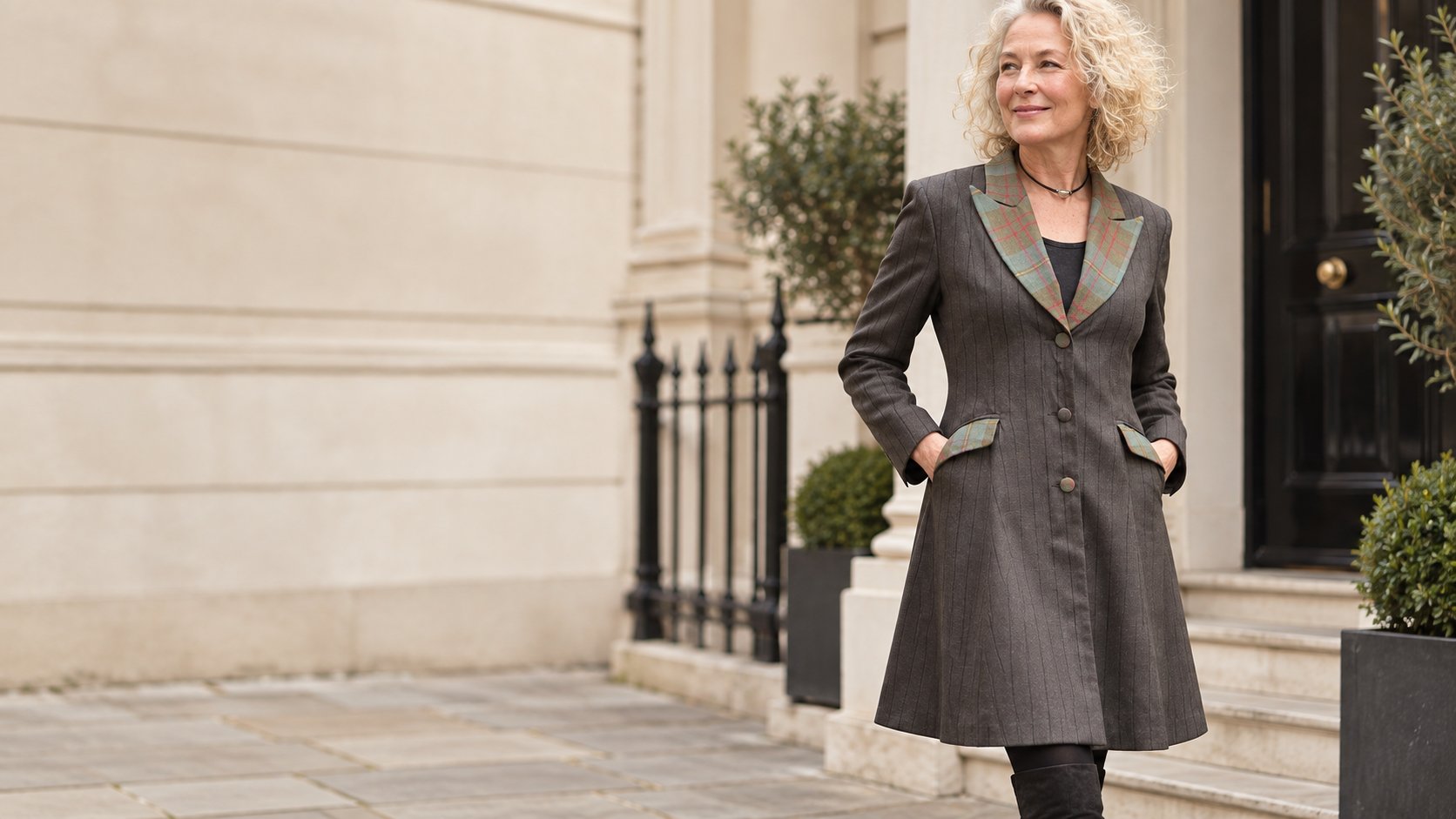 A pinstripe riding coat on a London street