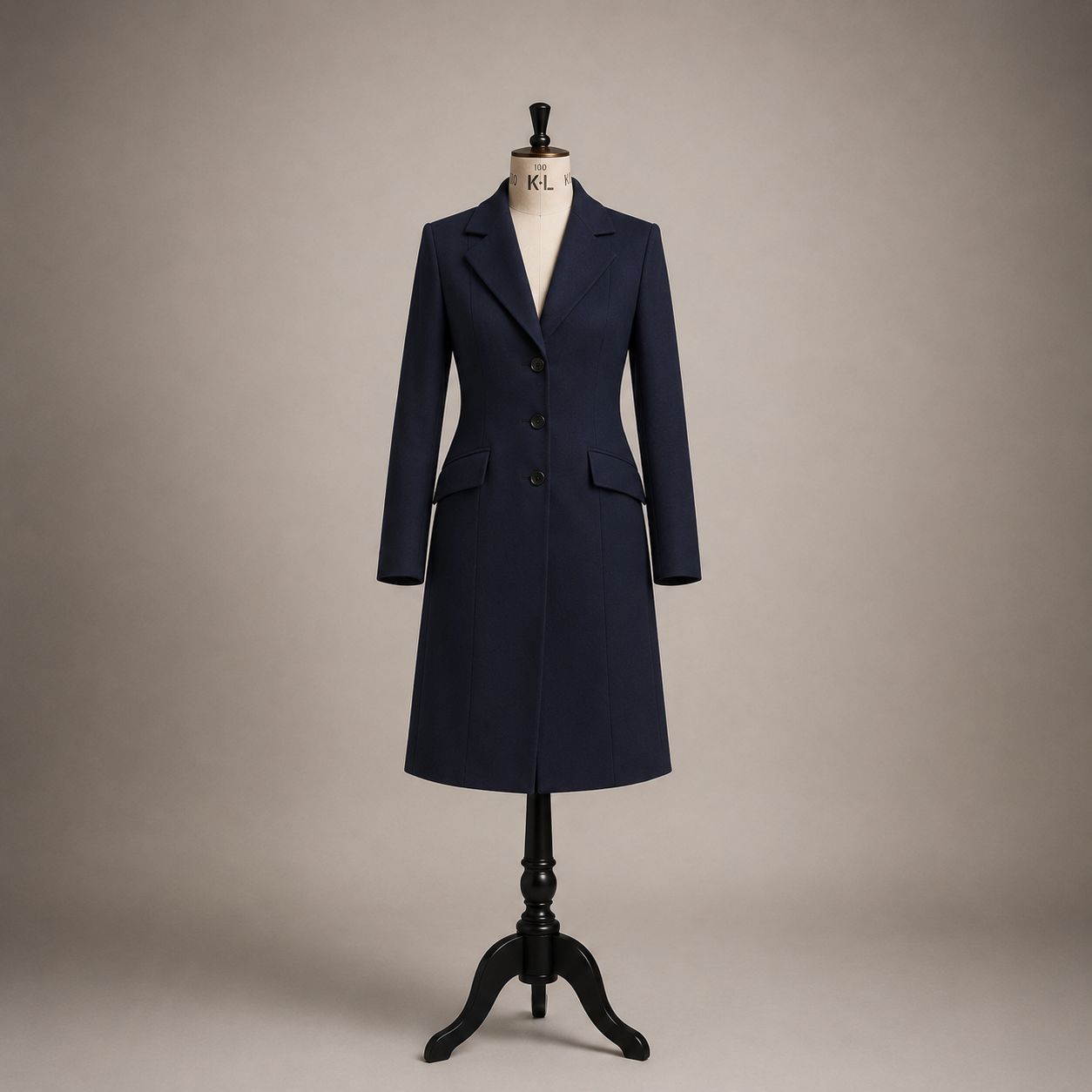 A classic navy single-breasted coat on a tailor's stand