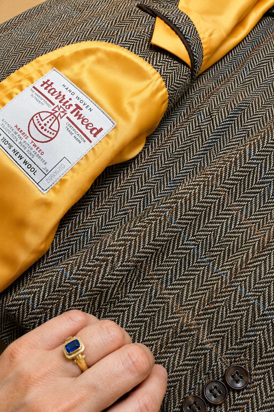 Harris Tweed herringbone with a gold silk lining