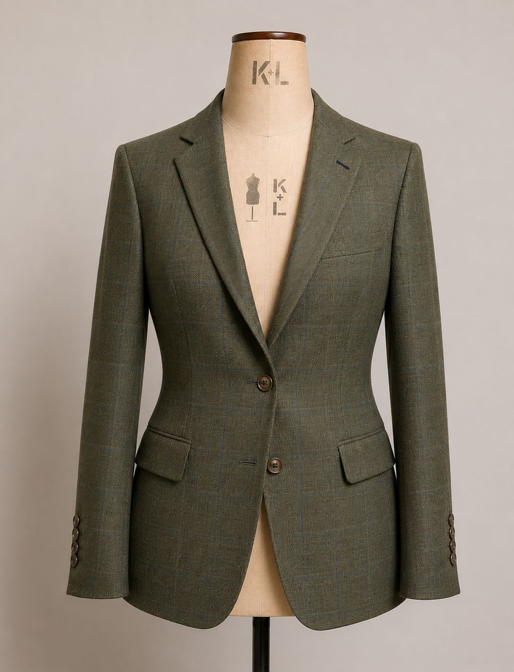 A green tweed jacket taking shape on the mannequin