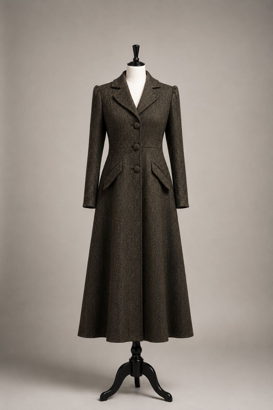 A full-length brown tweed coat on a vintage stand