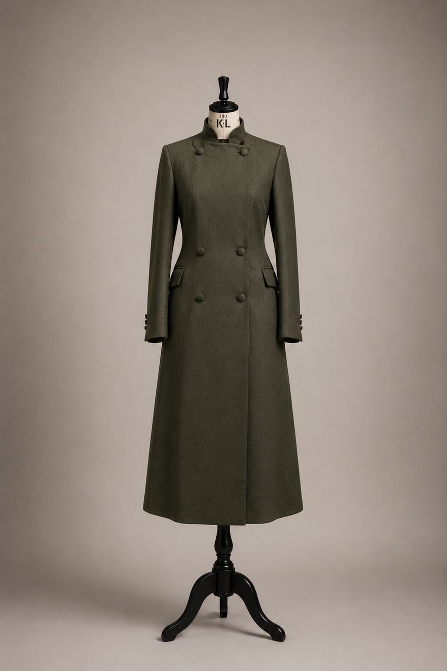 An olive double-breasted coat with a stand collar