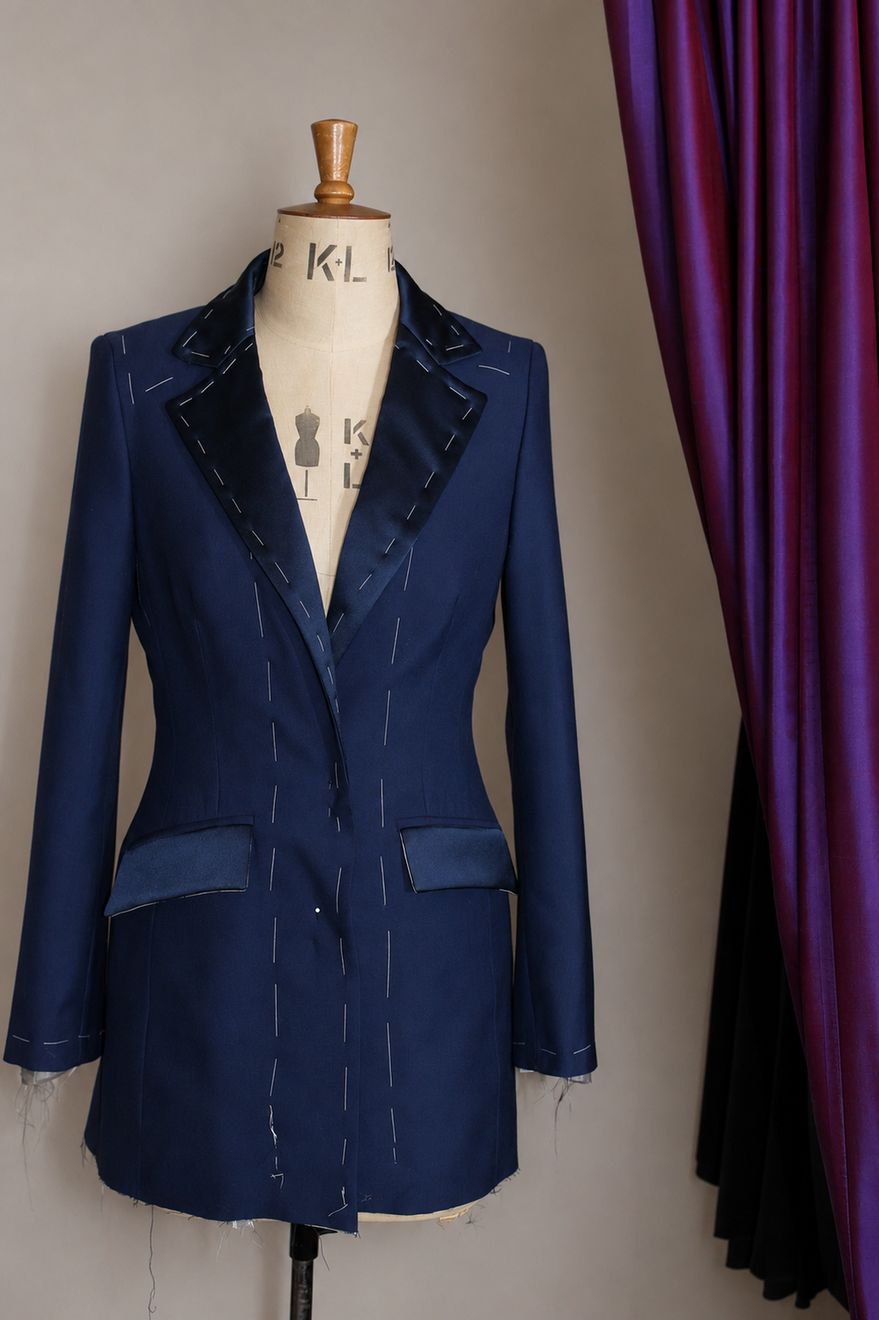 A navy blazer with white basting stitches on the rail