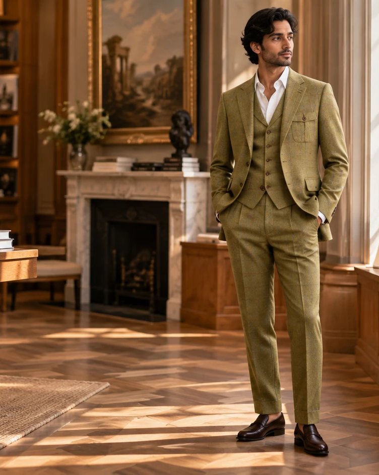 An ombre grey coat worn by the Thames with Westminster behind