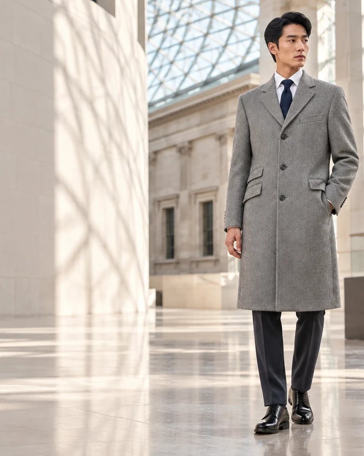 A grey chesterfield coat worn through a sunlit museum court