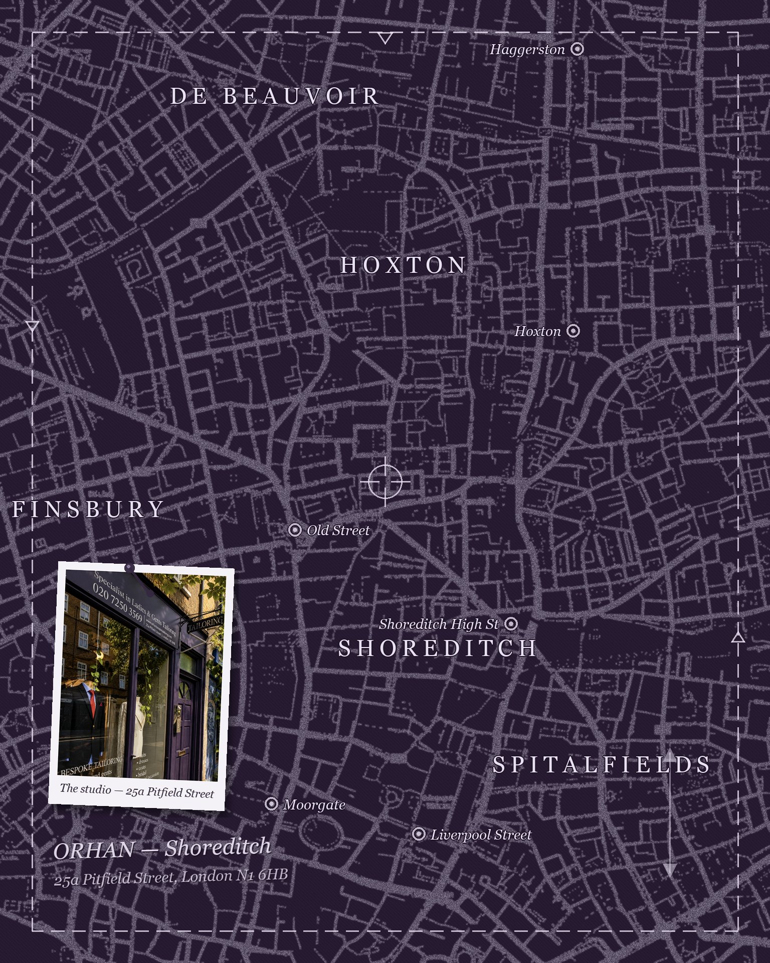 A street map of Shoreditch drawn like tailor's chalk on dark suiting cloth, marked up as a suit pattern and centred on the Orhan studio