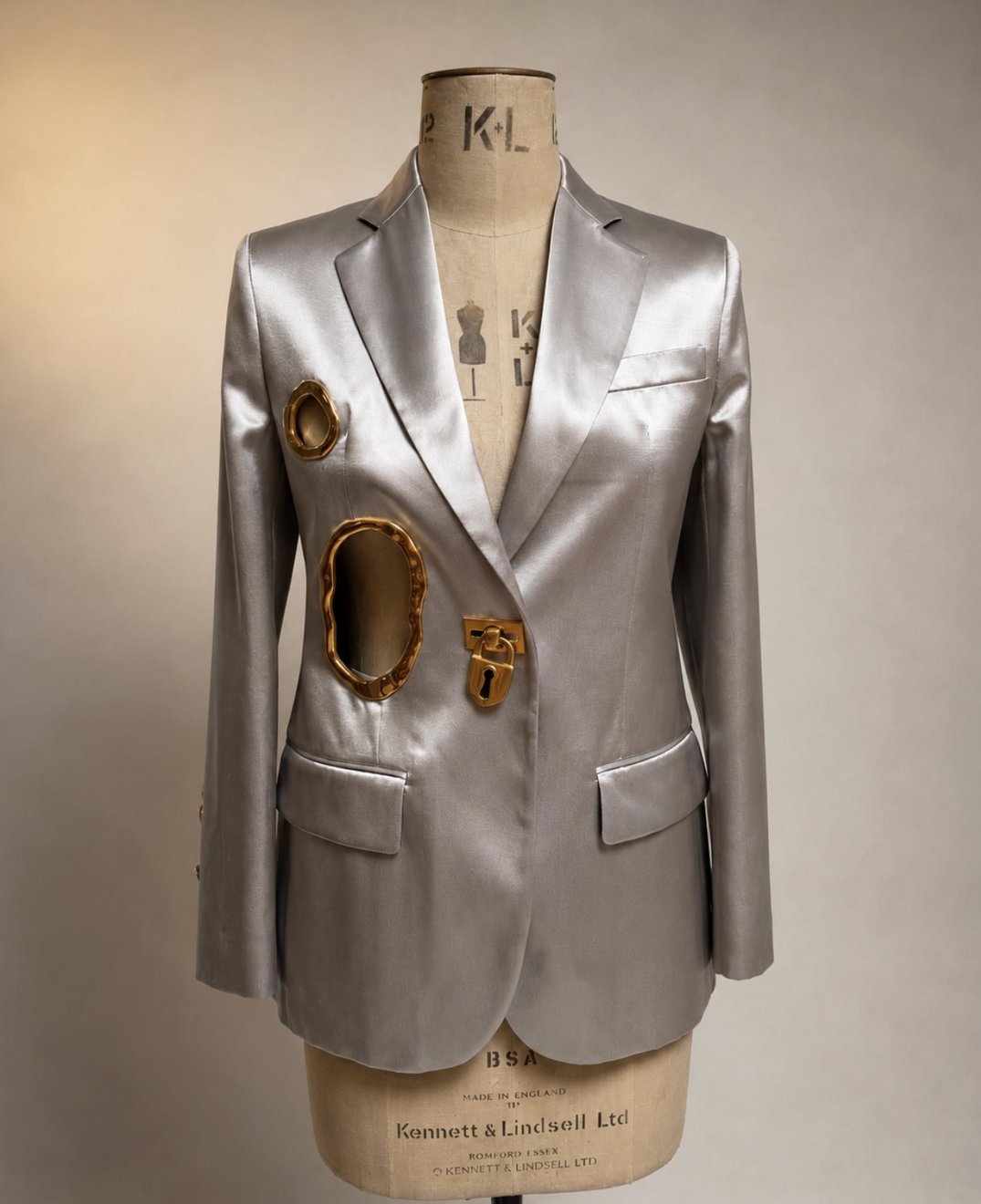 A silver satin jacket reworked with sculptural gold cut-out frames and a gold padlock clasp