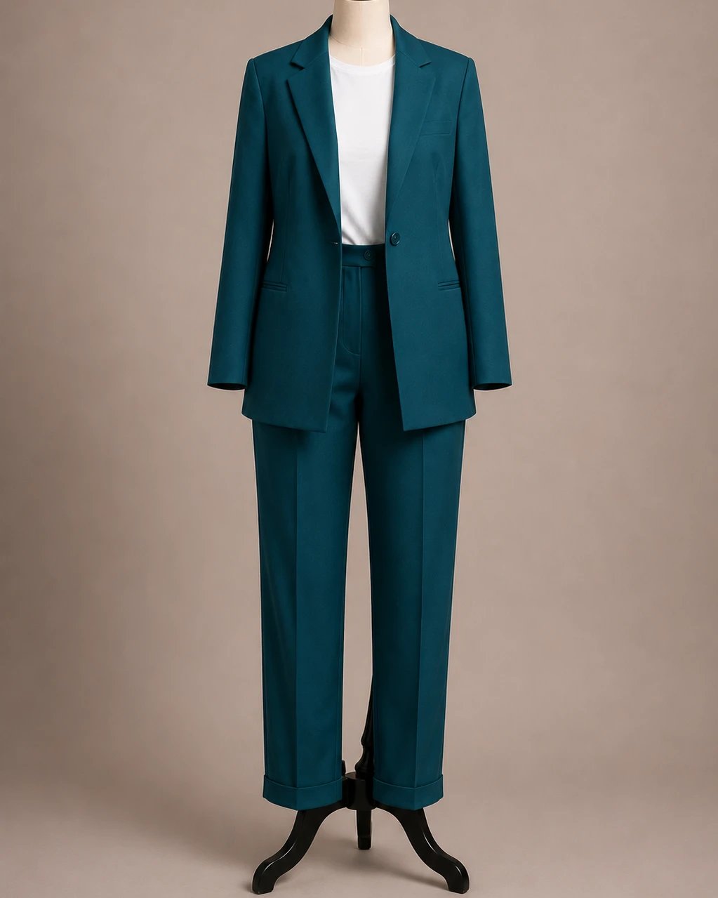 A teal bespoke trouser suit with a white tee on the studio mannequin