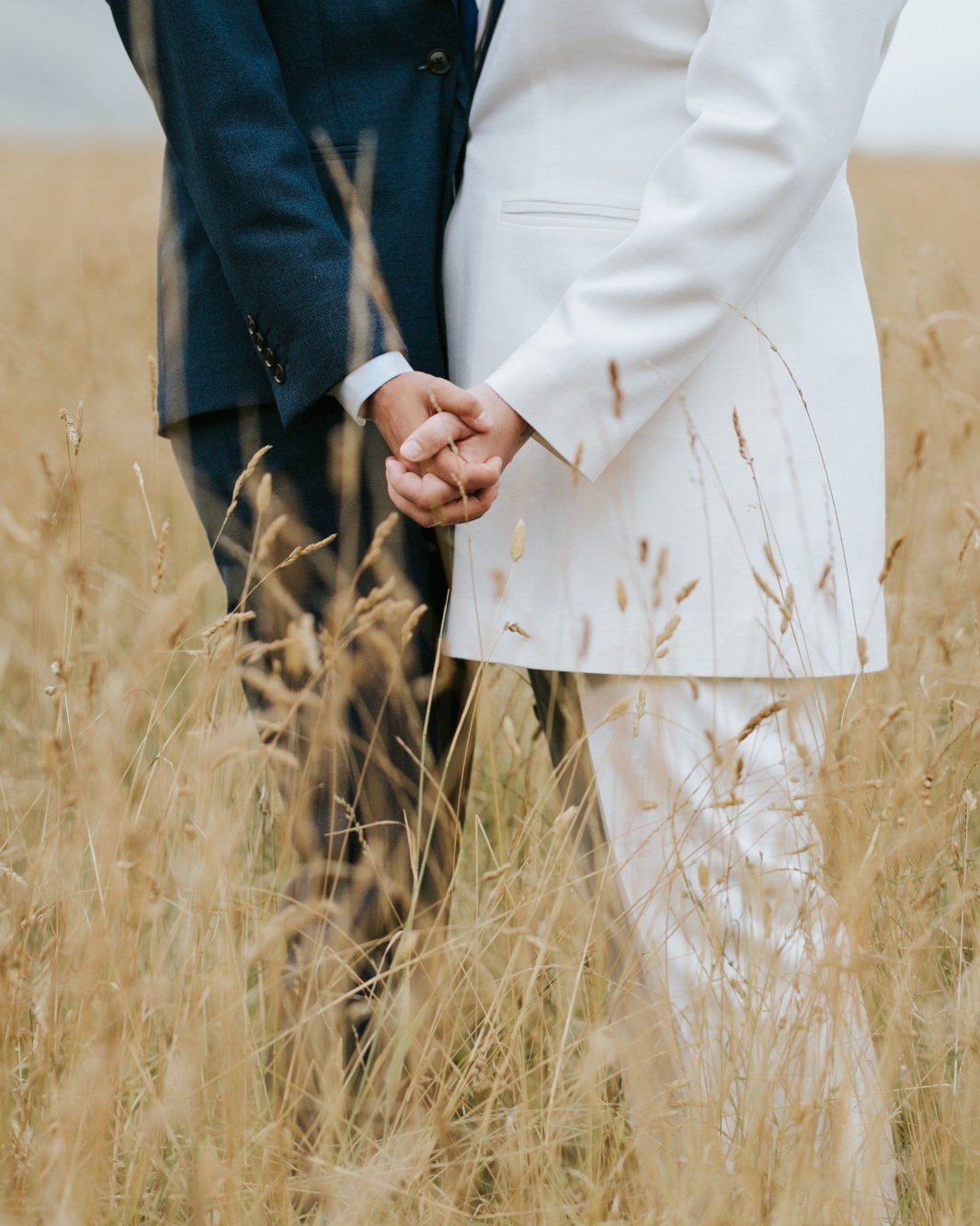 A couple in navy and white wedding suits holding hands in a golden meadow