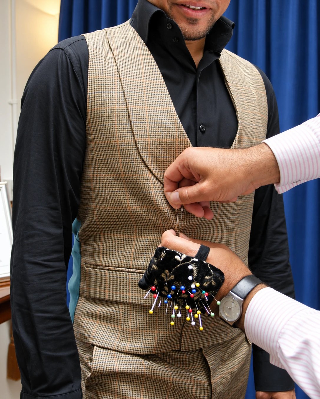 A houndstooth waistcoat pinned to fit during a studio fitting