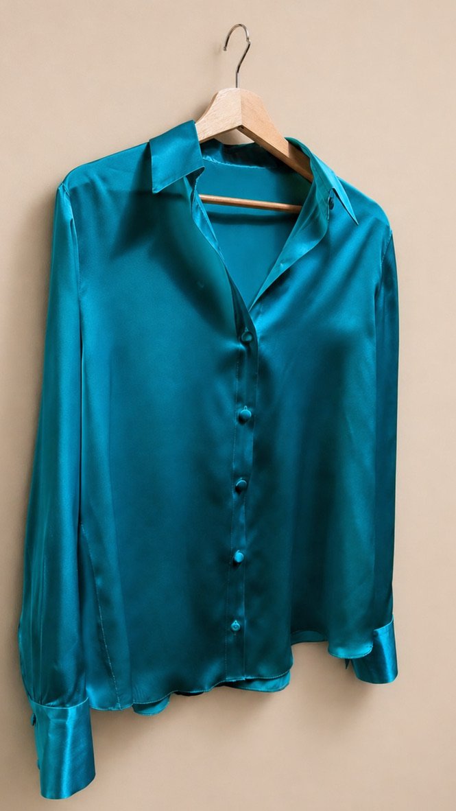 A teal satin shirt with covered buttons on a wooden hanger