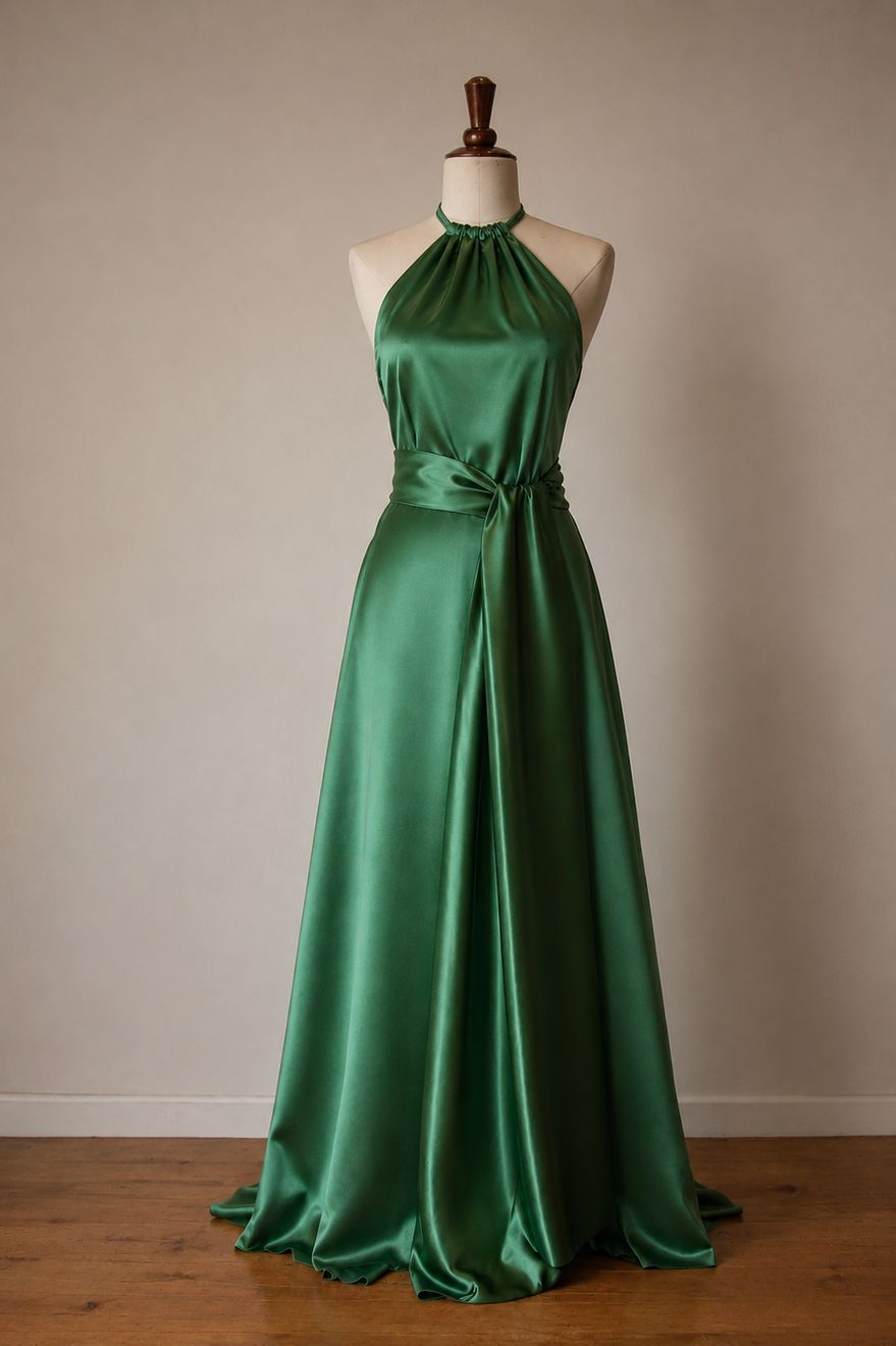 An emerald satin halterneck gown with a draped waist