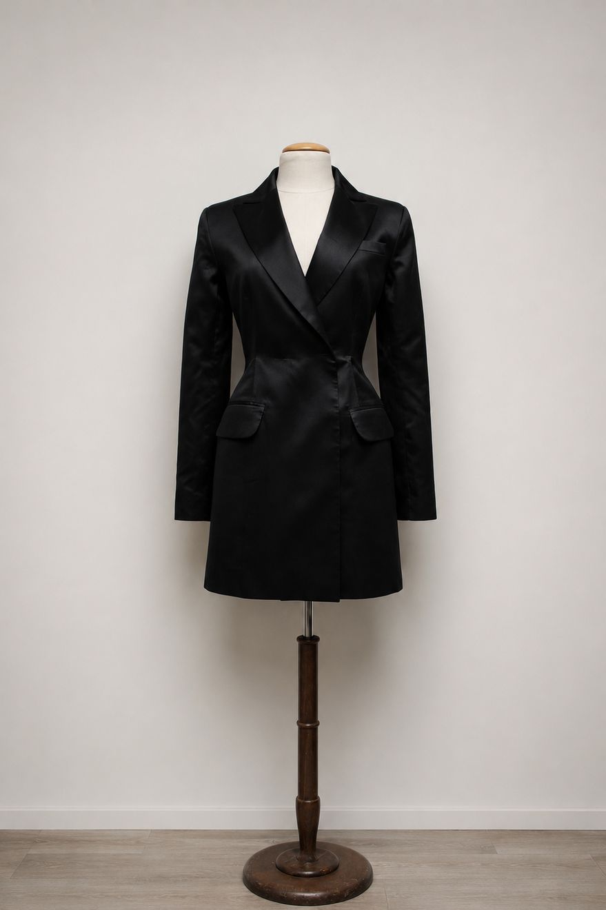 A black cocktail dress with sculpted shoulders on a mannequin